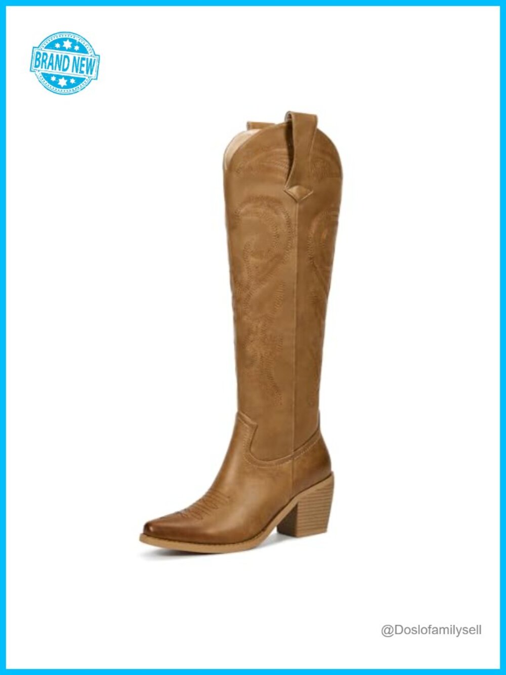 Faux Leather Knee High Western Cowboy Boots Pointed Toe Chunky Heel
